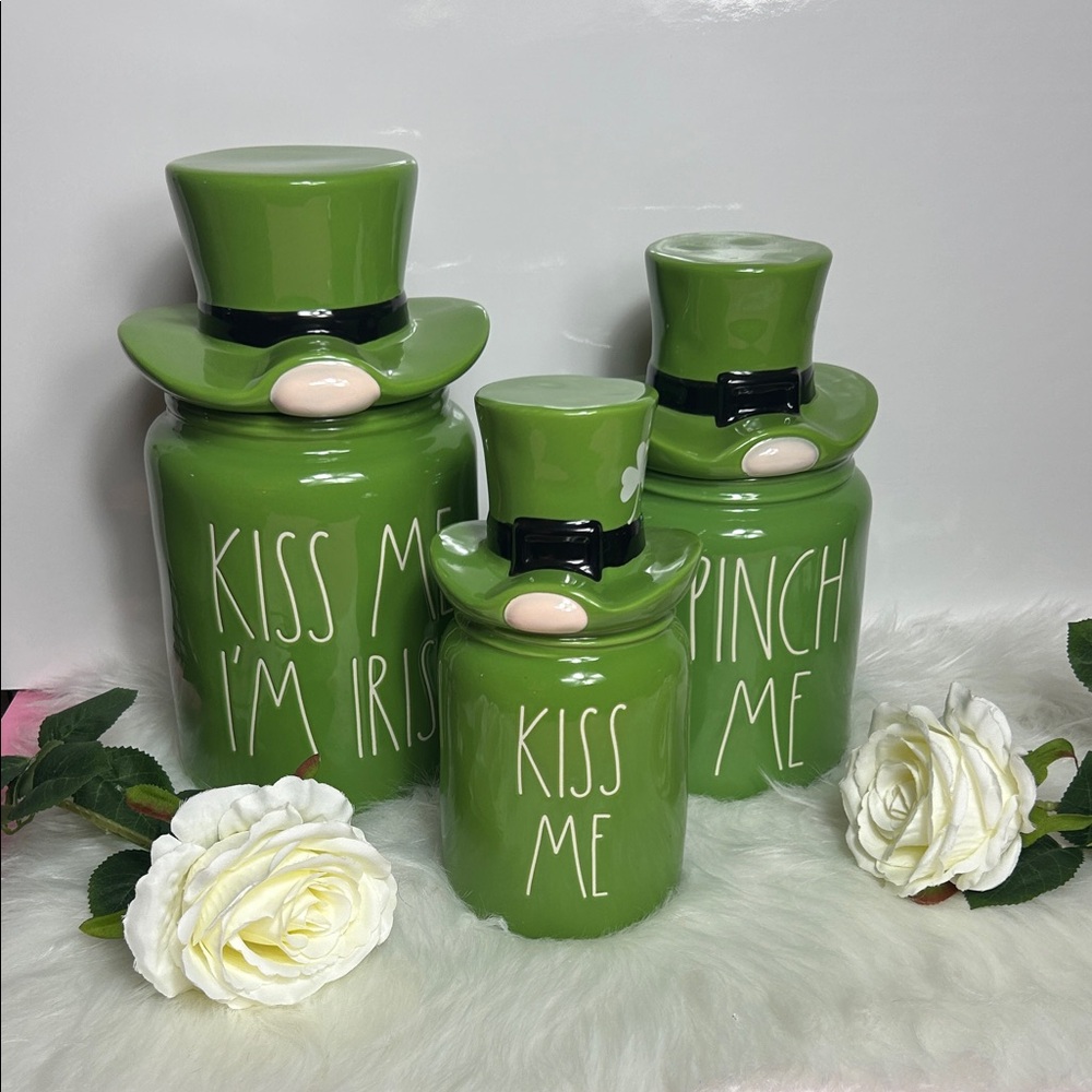 VHTF Rae Dunn St.Patrick's Day Gnome Irish Canister Set (3) with stay fresh lids